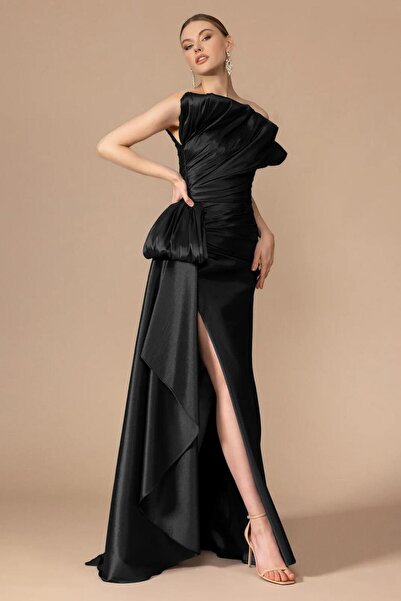 Kenzel Straplez Yaka Drapeli Yırtmaçlı Uzun Abiye Elbise - 7056