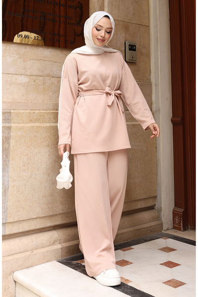 sefamerve Corded Fabric Tie-Up Modest Pants Set 2172-03 Beige