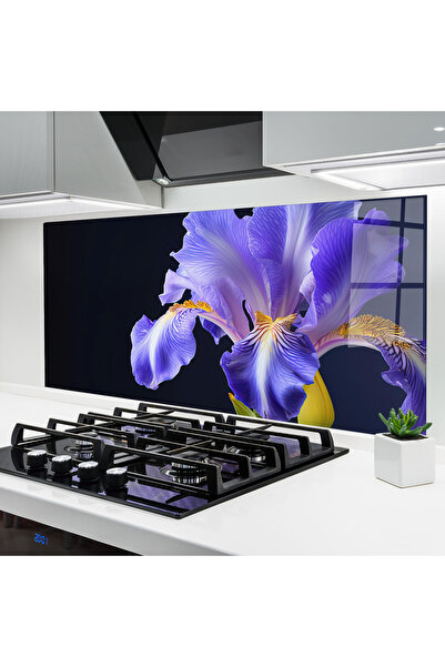 Arthub Kitchen Glass Panel, Stove Protection, Heat Resistant, Flowers, Purple Iris On Black