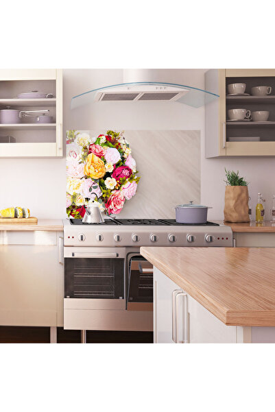Arthub Kitchen Glass Panel, Stove Protection, Heat Resistant, Flowers, Orange Purple Bouquet