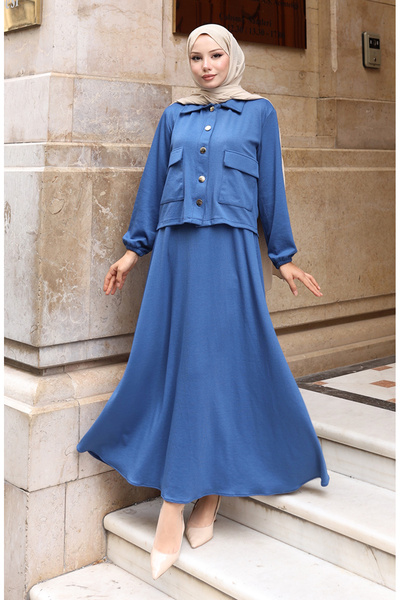 sefamerve Corded Fabric Button Jacket Dress Hijab Set 0219-04 Indigo
