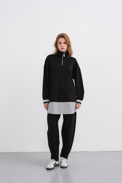 Basicpark Black Women's Knitted Cotton Top and Bottom Set with Woven Inside Collar and Hem, Half Zipper