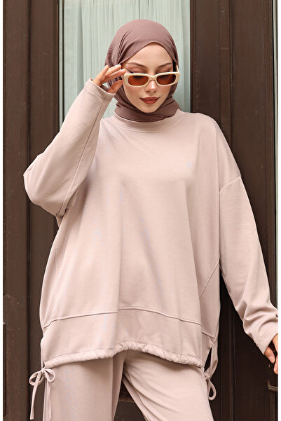 sefamerve Lace Detailed Hijab Trouser Suit 2175-02 Beige