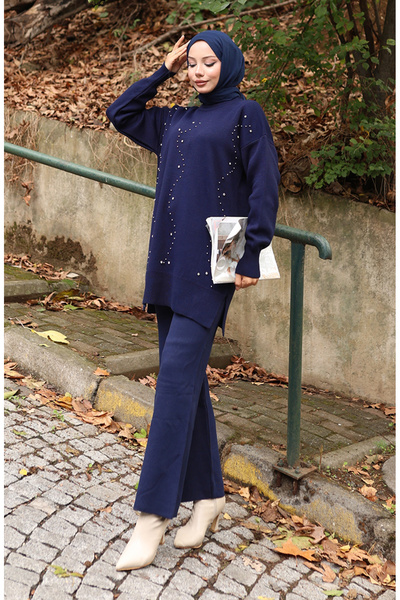 sefamerve Knitwear stone Printed tunic pants double set 1104-06 navy blue