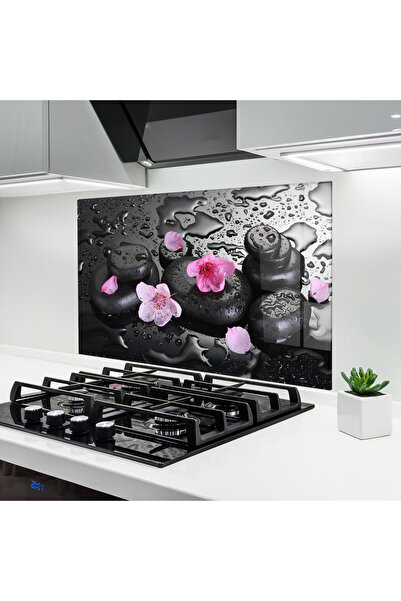 Arthub Kitchen Glass Panel, Stove Protection, Heat Resistant, Feng-shui, Pink Sakura Stones