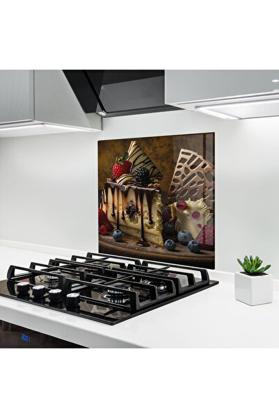 Arthub Kitchen Glass Panel, Stove Protection, Heat Resistant, Food, Cheesecake Chocolate