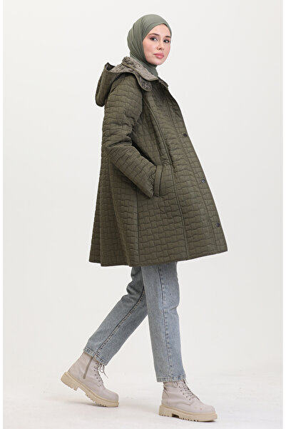 sefamerve Μεγάλο μέγεθος με κουκούλα Παλτό Καπιτονέ 6132-02 Χακί