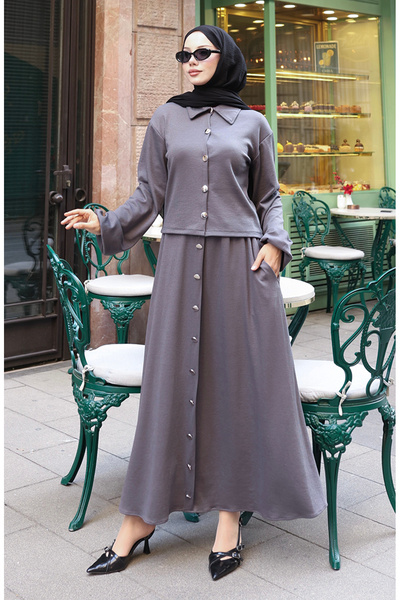 sefamerve Shirt Collar Hijab Tunic Skirt Two-Piece Set 0223-05 Anthracite