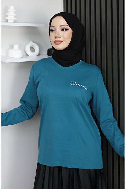 sefamerve Ψηφιακή με τύπωμα Βαμβακερή Μπλούζα 1071-02 Πετρέλαιο