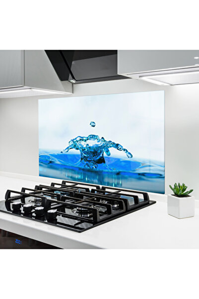 Arthub Kitchen Glass Panel, Stove Protection, Heat Resistant, Feng-shui, Blue Water Splash