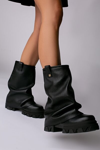 Vanilla Days Ghete din piele de bizon negru cu accente aurii și finisaj unic decolorat