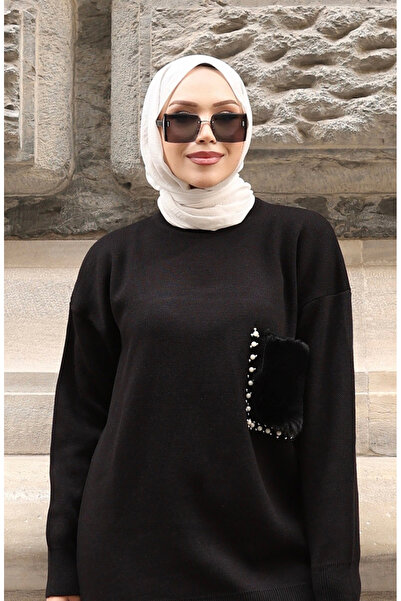 sefamerve Knitwear Pocket Detailed Tunic Trousers Double Set 1093-01 Black