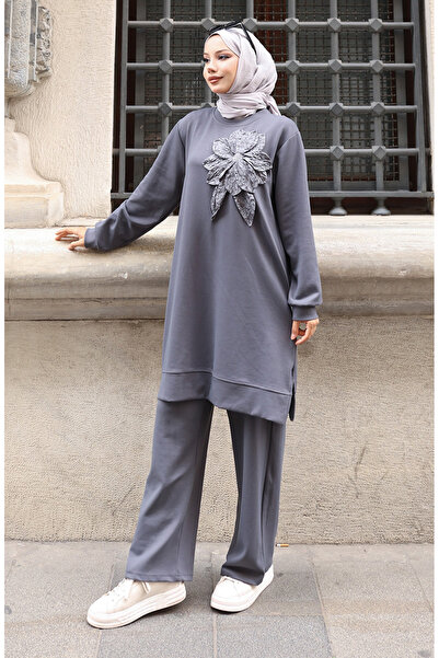 sefamerve Premium Fabric Floral Applique Hijab Double Set 0214-05 Anthracite