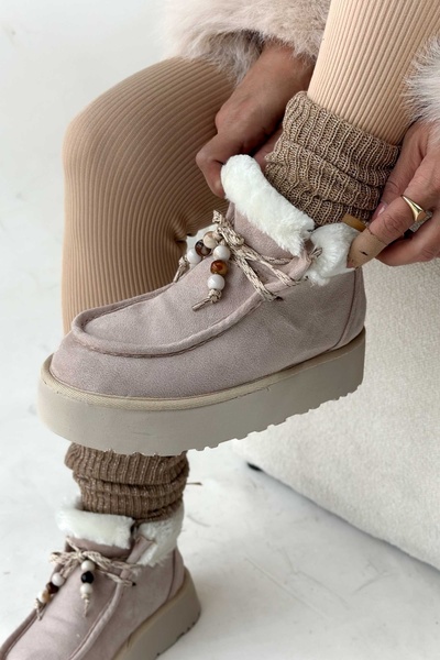 Shoebutik Juno Beige Fur Detail Beaded Lace-Up Women's Boots