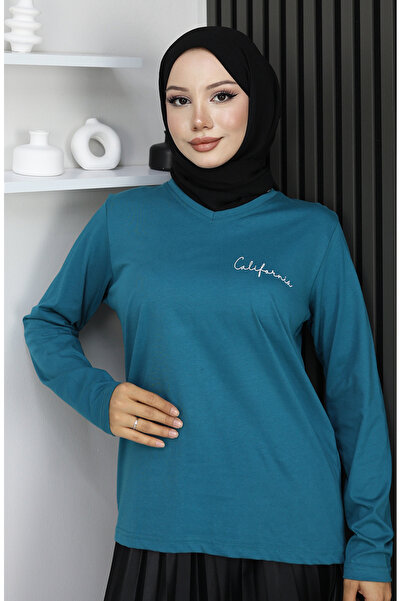 sefamerve Ψηφιακή με τύπωμα Βαμβακερή Μπλούζα 1071-02 Πετρέλαιο