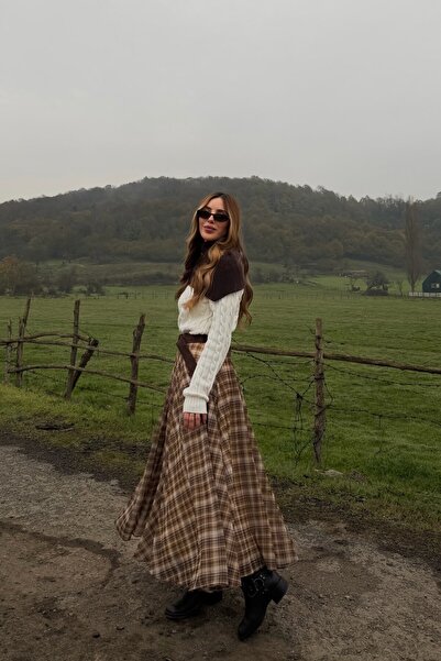 Laluvia Brown Chiffon Plaid Skirt - 0613