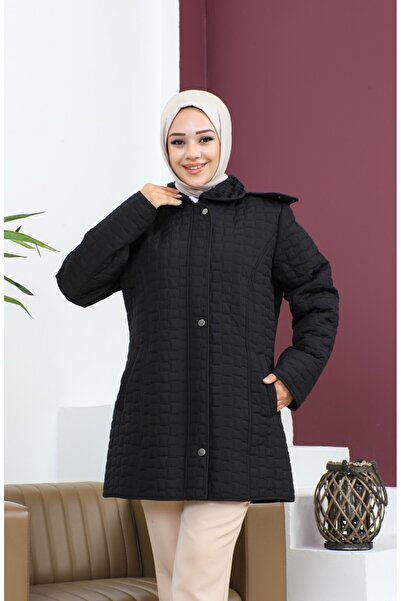 sefamerve Μεγάλο μέγεθος Παλτό με τετράγωνο σχέδιο καπιτονέ 6141-01 Μαύρο