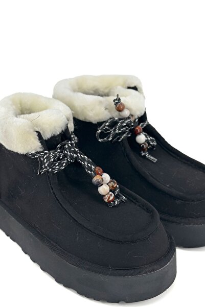 Shoebutik Γυναικείες μπότες Juno με μαύρη γούνα με λεπτομέρεια με κορδόνια