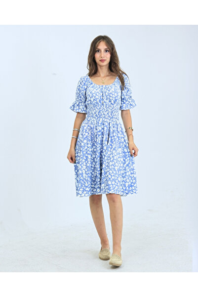 exxitcollection Floral Pattern Gipeli Balloon Sleeve Square Neck Off Shoulder Wrap Women Dress