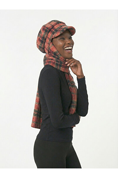 fidan bone Wool Cap Hat with Scarf Burgundy Tartar Pattern Ready-Made Turban Hijab Bonnet Beanie Medical Suitable