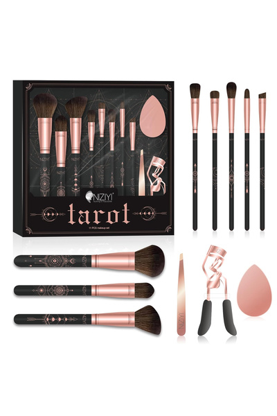 NIZIYI 11-Piece Multicolor Makeup Brush Set with Tweezers, Sponge, and Eyelash Curler by