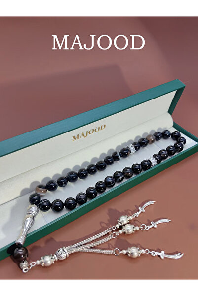 MAJOOD مجود/33 سبحة صلاة من العقيق الأسود بخط أبيض حقيقي/تسبيح/10 مم/للرجال والنساء