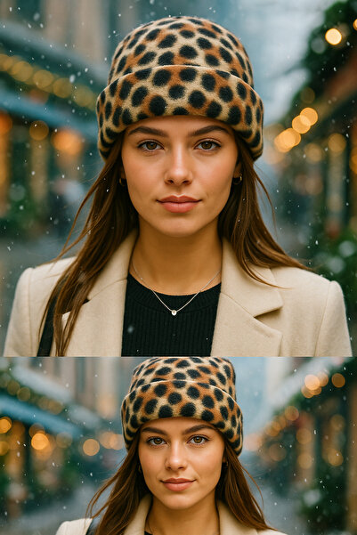 SİSTEM PELUŞ Leopard Pattern Premium Plush Beanie – Winter Elegance