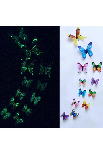 PROCART Set of 12 3D decorative butterflies, phosphorescent, self-adhesive, 6-12 cm, multi-colored