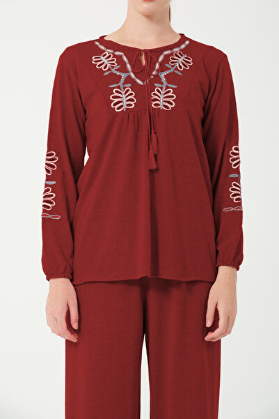 Hatun Atila Hatunatila Hera Fabric Front and Sleeves Are Authentic Embroidered Tassel Detailed Double Suit 7668 Burgundy