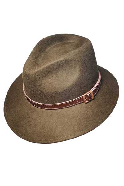 OEM Mount Hunting Hat, felt wool, khaki green, brown leather strap