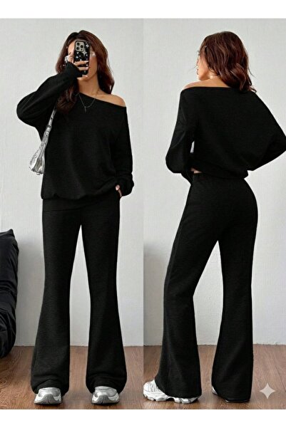buğrahayalin Women's Long Sleeve One Shoulder Open Two Thread Blouse and Pants Two Piece Set