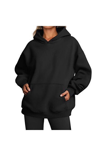OEM Women's loose hoodie fleece sweatshirt, loose pullover, black, S