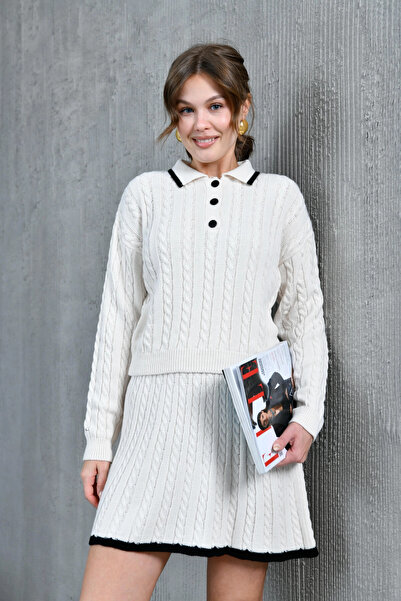 Park Karon Women's Polo Neck Knit Detail Skirted Double Knitwear Set