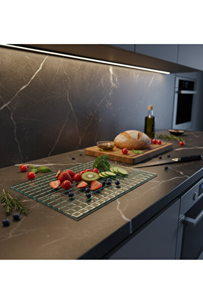 SÜMER CAM SUNUMLUK VE CAM KESME TAHTASI KARE DESEN NERVÜRLÜ TEMPERLİ