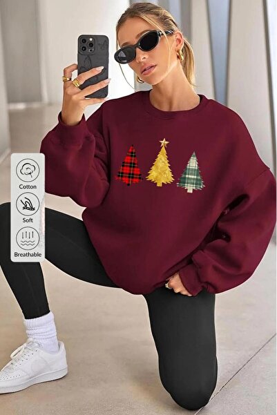 trendgar Colorful Pine Tree Printed Burgundy Crew Neck Sweatshirt