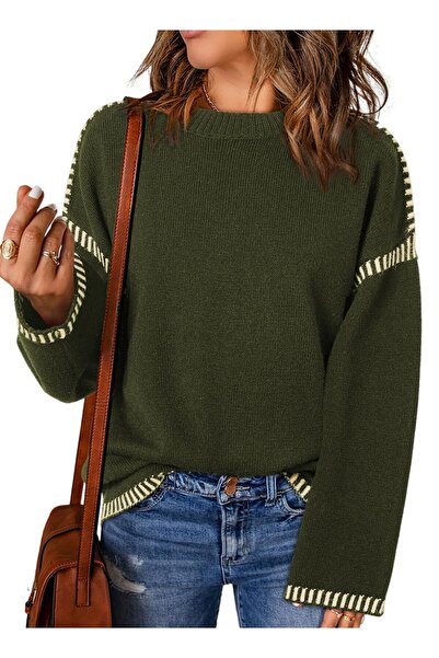 OEM Women's sweater, loose-fitting sweater, winter fashion, military green, size S