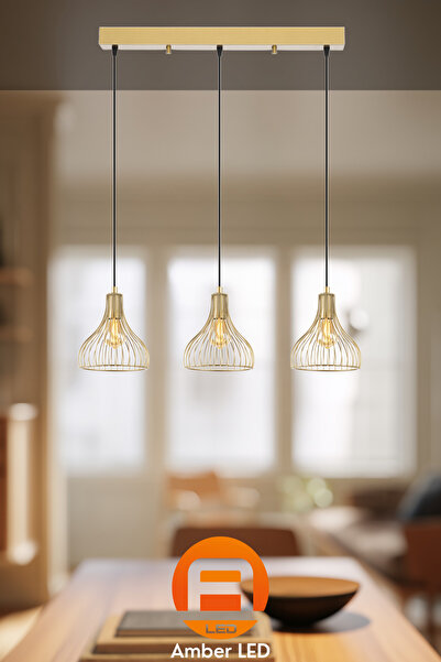 AmberLED Tel 3'lü Sıralı Sarkıt Parlak Gold Metal Gövdeli Modern Avize