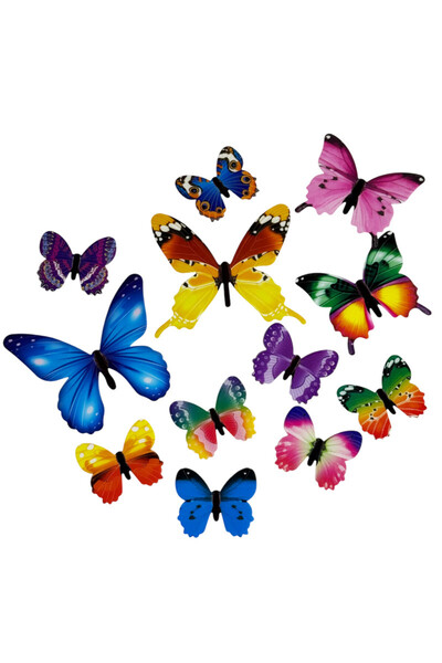 PROCART Set of 12 3D decorative butterflies, phosphorescent, self-adhesive, 6-12 cm, multi-colored