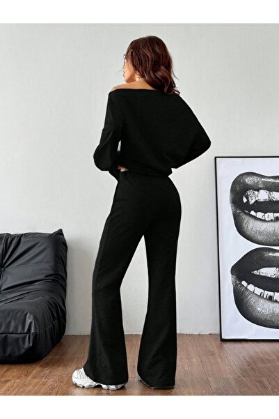 buğrahayalin Women's Long Sleeve One Shoulder Open Two Thread Blouse and Pants Two Piece Set