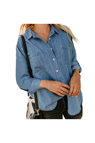 OEM Women's denim shirt, loose double pockets, casual, lake blue, S
