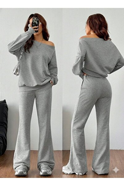 buğrahayalin Women's Long Sleeve One Shoulder Open Two Thread Blouse and Pants Two Piece Set