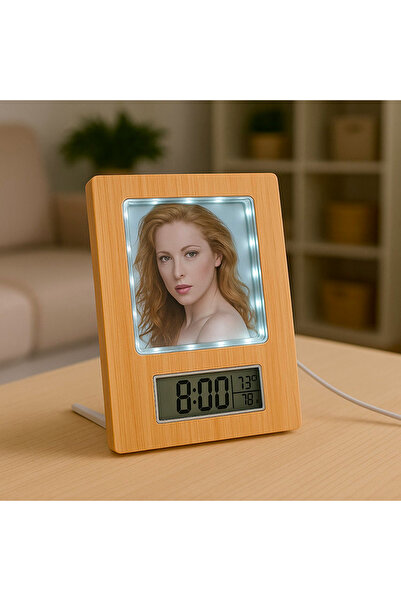 FOTOYILDIZ Fotoğraflı Led Işıklı - Sihirli Ayna - Bambu Saat Takvim - Fotoğraf Çerçevesi