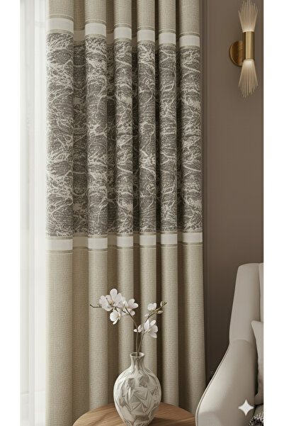 Perdenin Adresi Krem Rengi Fon Perde Şık Vizon Detaylı Mermer Taş Dokulu Kalı...