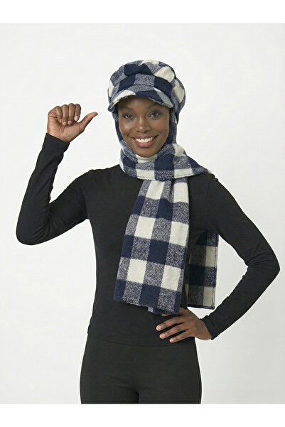 fidan bone Wool Cap Hat with Scarf Navy Blue Plaid Pattern Ready-Made Turban Hijab Bonnet Beanie Medical Suitable