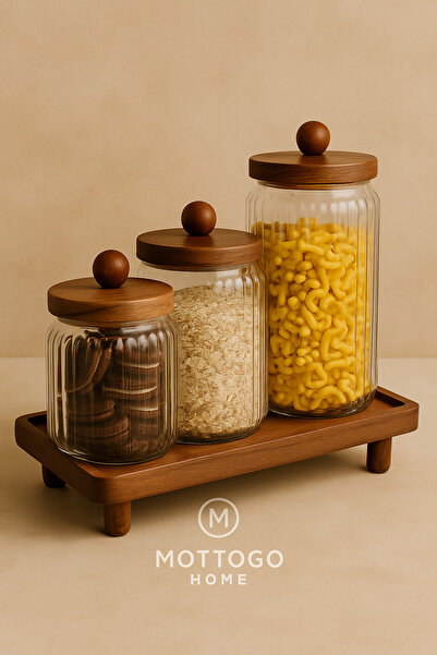 Mottogo Set of 3 Acacia Lid Glass Jars – 1300ml 950ml 600ml |   Acacia Stand Storage Set with Legs