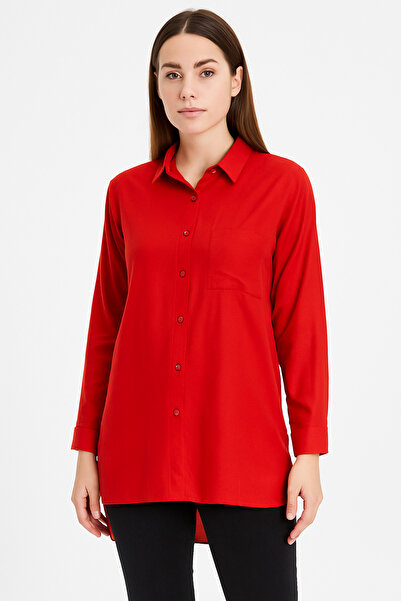 Nuevo قميص نسائي من الفيسكوز الأحمر ذو قصة عادية من الأمام وطويلة من الخلف – ...