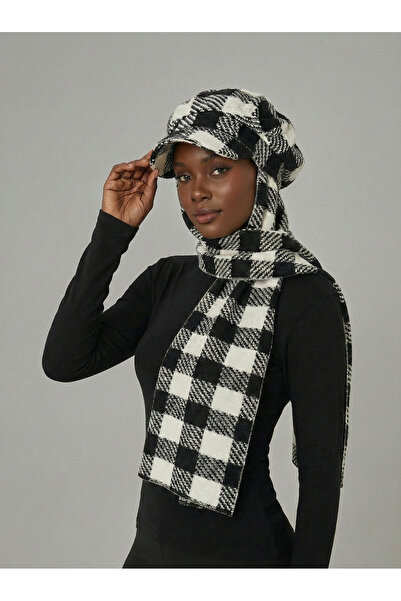 fidan bone Wool Cap Hat with Scarf Black Plaid Ready-Made Turban Hijab Bonnet Beanie Medical Suitable