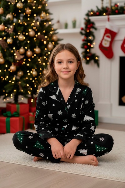 KAPİKİDS НОВОГОДИШНА КОНЦЕПЦИЯ МЕКА И ТОПЛА ПЪЛНА ДЪЛЖИНА ПИЖАМА ЗА МОМИЧЕТА С КОПЧЕТА