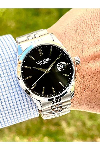 Tom Jones ساعة يد رجالية فضية اللون بسوار فولاذي مقاومة للماء حتى 3 ضغط جوي م...