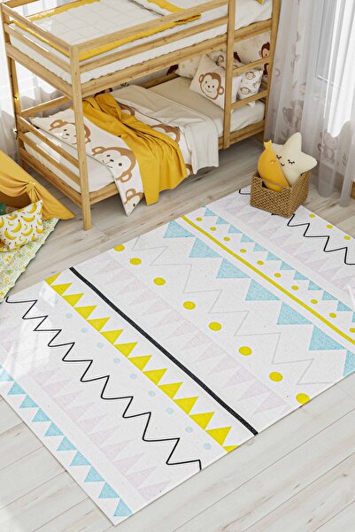 Oriente Home Geometrik Desenli Beyaz Sarı Mavi Çocuk Halısı Anti-bakteriyel K...